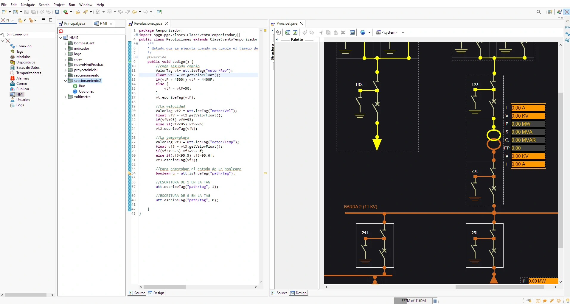 Imagen que muestra el entorno de desarrollo eclipse programando el SCADA SPGN