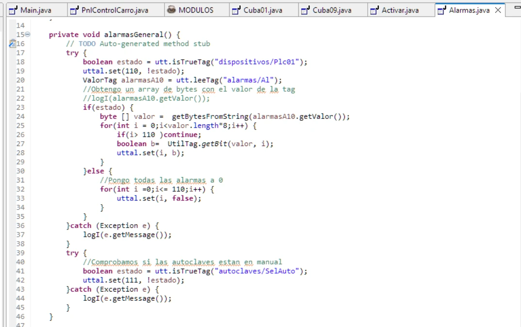Ejemplo de programa de control de alarmas de un PLC a través del Scada
