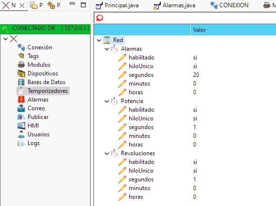 Imagen que muestra el editor de temporizadores en el Scada SPGN