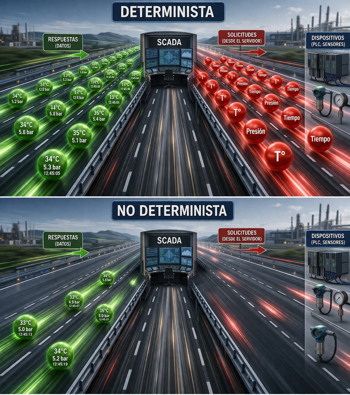 Imagen que muestra el contraste entre el flujo de información y saturación de las comunicaciones entre un sistema determinista y otro no determinista