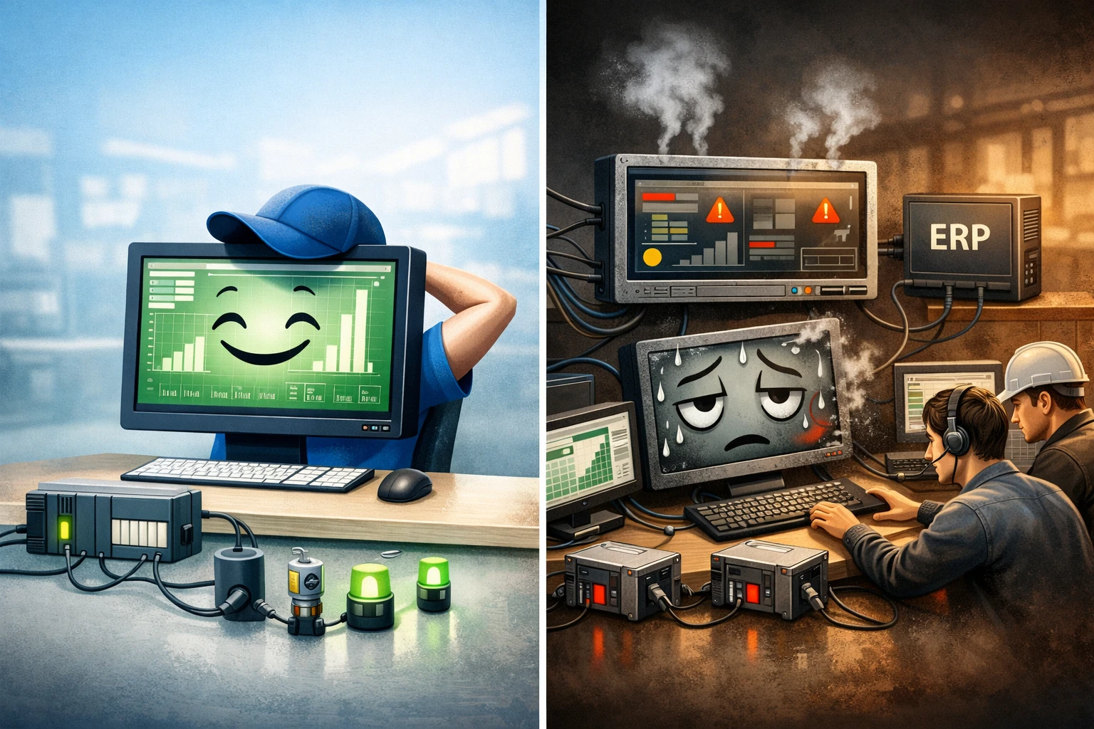 Imagen que muestra un Scada con poco trabajo y otro Scada con un montor de trabajo y fatigado debido a que el número de dispositivos conectados ha aumentado