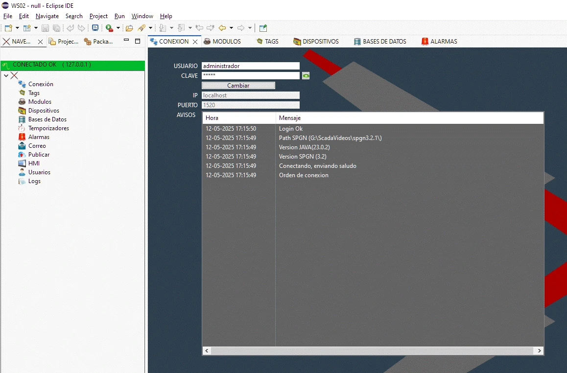 Eclipse conectado al SCADA SPGN y visonado del editor de conexión