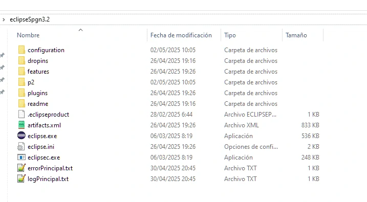 Muestra de la carpeta descarga descomprimida en la que se ve el ejecutable eclipse.exe