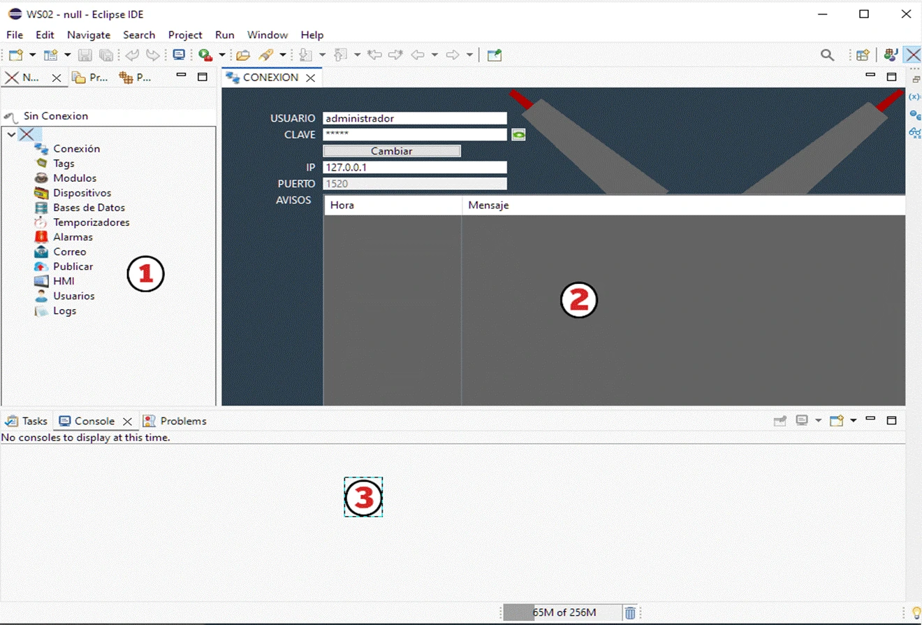 Se muestra una pantalla de eclipse dividida en las vistas, los editores y la vista de la consola y herramientas