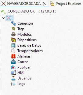 Vista del navegador scada en el que se ve el arbol de herramientas del SCADA
