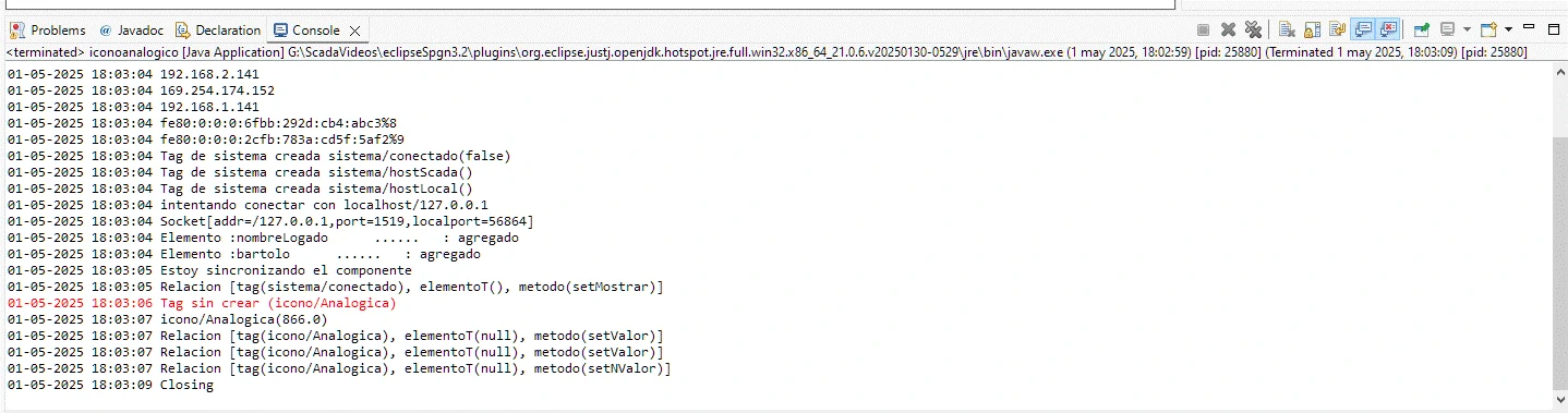 Consola con la salida de log mostrando algunos mensajes importantes para la depuración de los programas