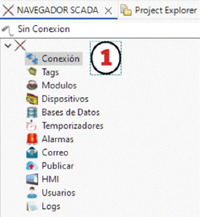 Vista del arbol de navegación SCADA en la que se ha resaltado el item de conexión