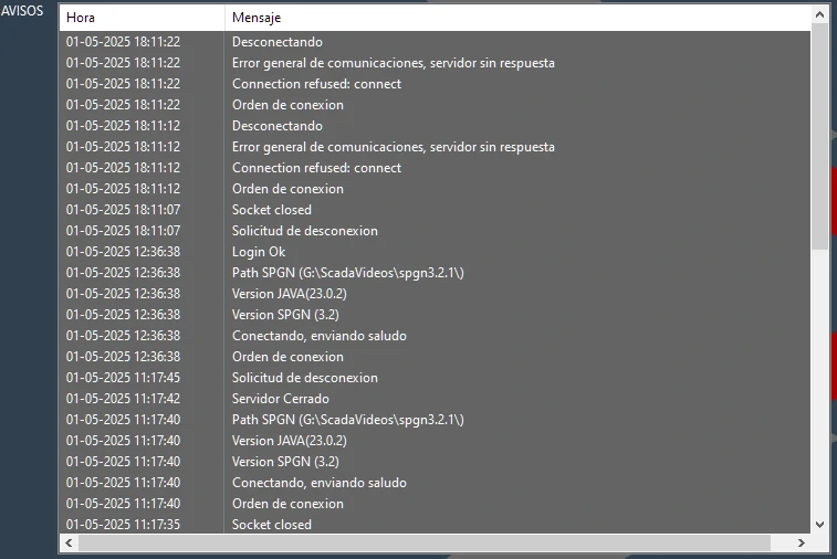 Tabla con eventos generados de la conexión del SCADA