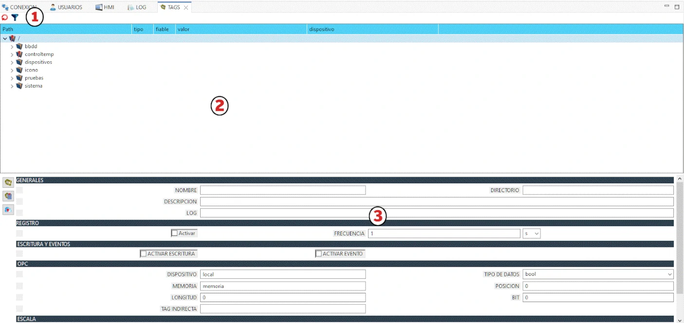 Editor de tags donde se muestran las tres secciones principales