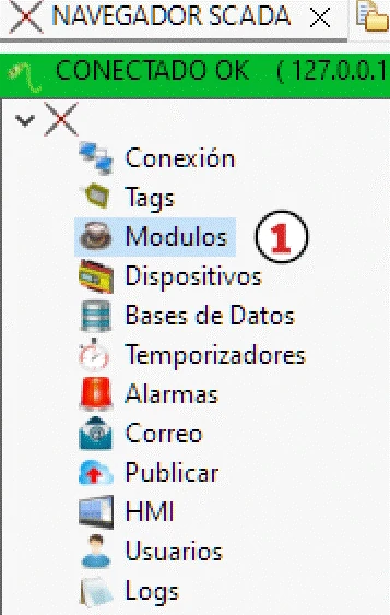 Arbol de navegación en el que se ha resaltado el item de Modulos