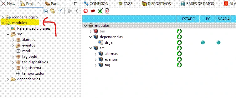 vista del arbol de navegación de módulos y la vista proyect explorer