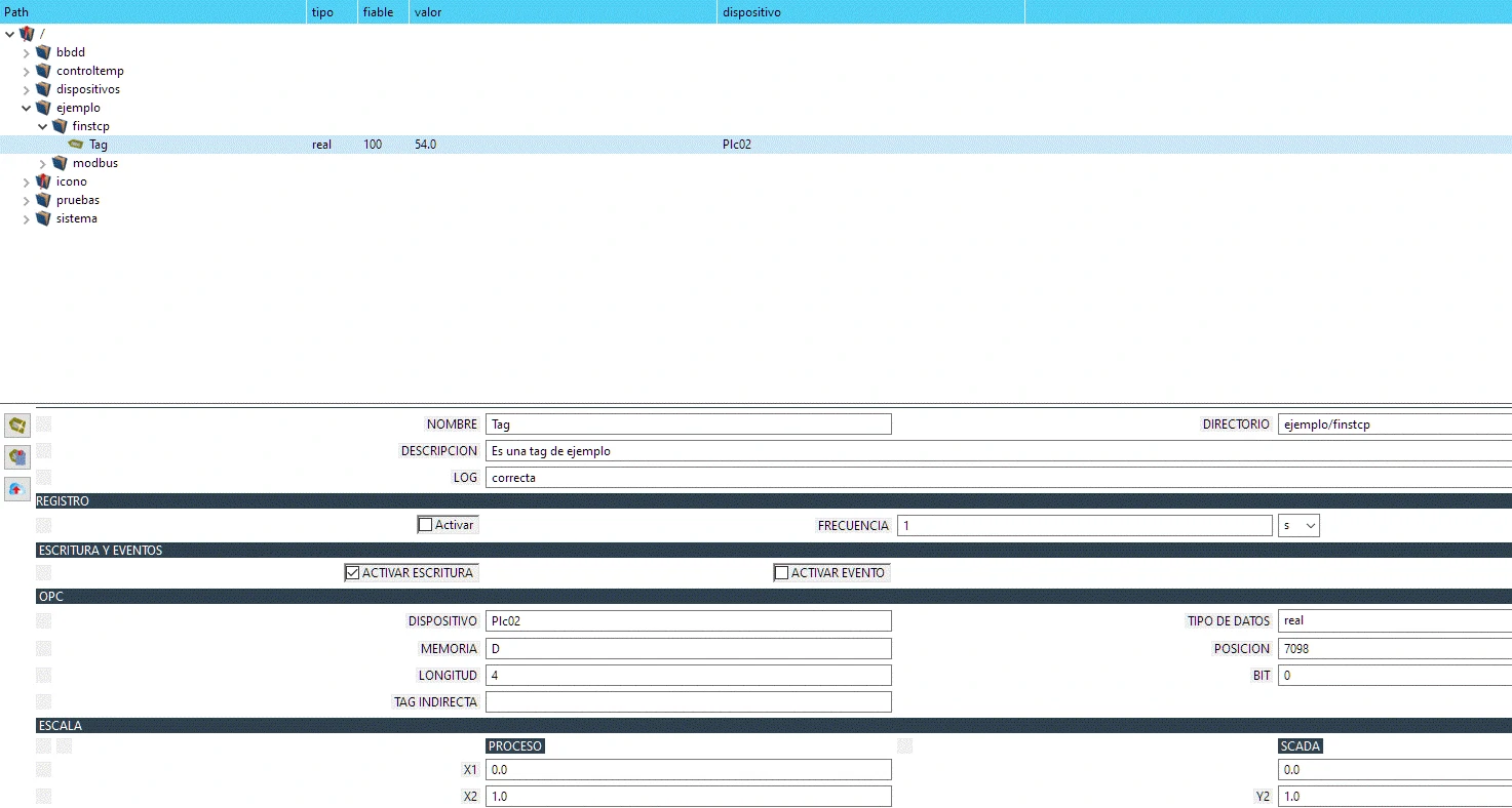 Vista del editor de Tags con la tag perteneciente al Plc02 de la memoria D posición 7098 de tipo real