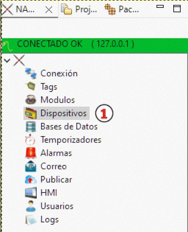 Vista del arbol de navegación de SCADA con el item de dispositivos resaltado