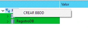Menu desplegable tras pulsar con el boton derecho encima del item Raiz de la red de Bases de Datos