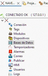 Imagen del arbol de navegación de SCADA con el item de base de datos seleccionado